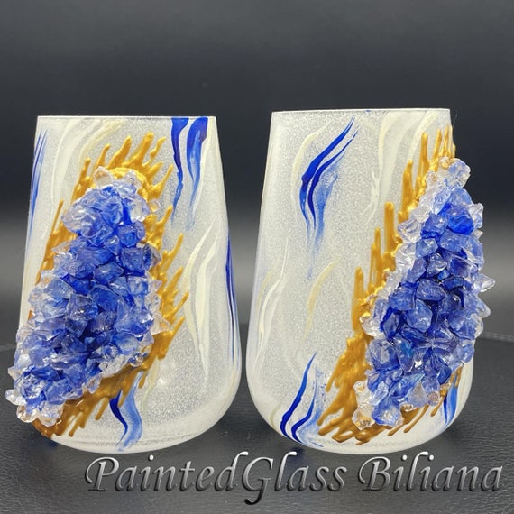 Blue marble geode stemless wine glasses, set of 2