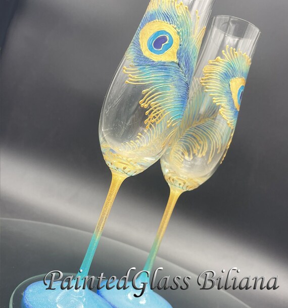 Elegant Wedding Glasses Peacock feather Champagne Flutes Hand Painted Set of 2 Peacock theme wedding