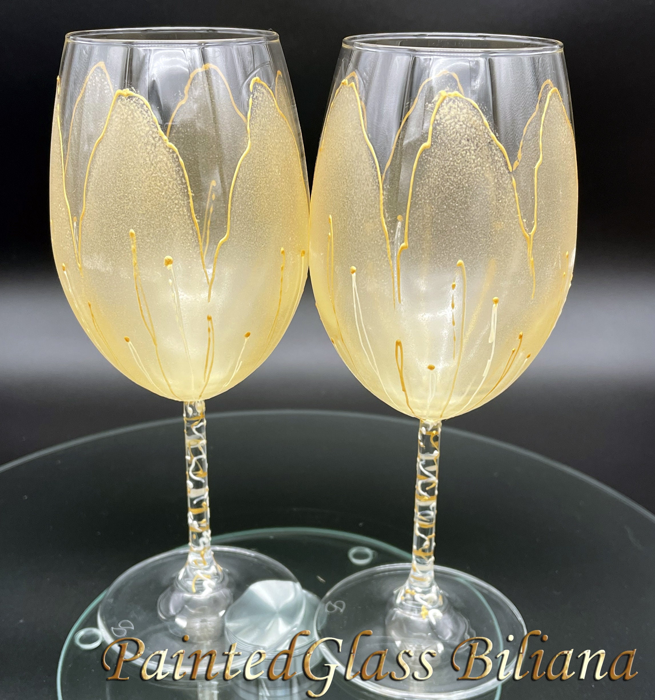 Set of 2 Hand Painted Unique Wine Glasses Golden Tulip 