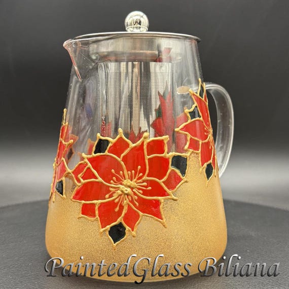 Hand painted glass teapot Christmas Poinsettia