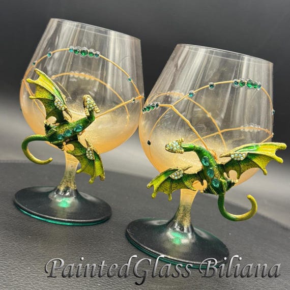 Green dragon brandy glasses, Set of 2