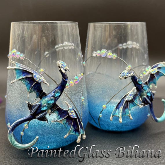Blue dragon stemless wine glasses, Set of 2