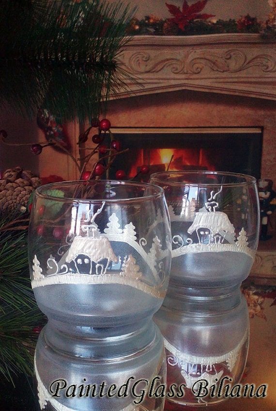 Set of 2 winter Christmas hand painted whiskey glasses Cold Winter