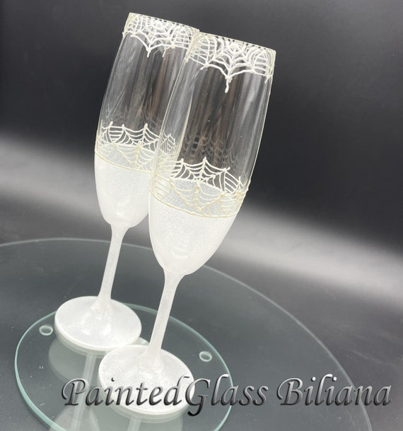 Halloween Spider web wedding champagne flutes, Halloween wedding theme