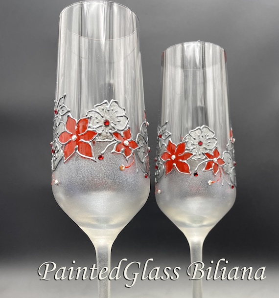 CRYSTAL SET of 2 red and silver Flower wedding champagne flutes with Swarovski crystals
