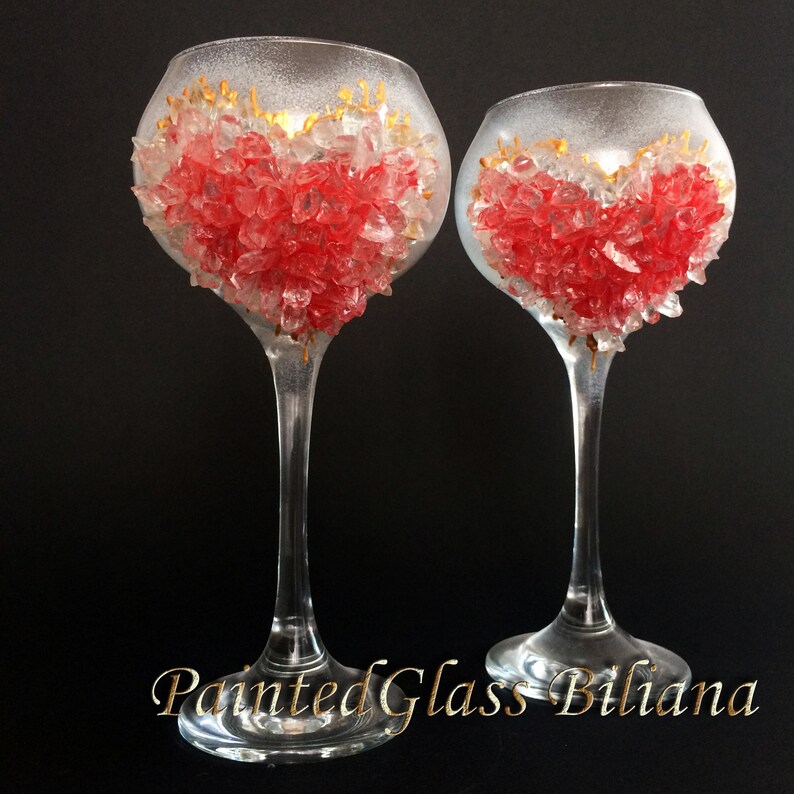 Red Heart Geode Wine Glasses Etsy