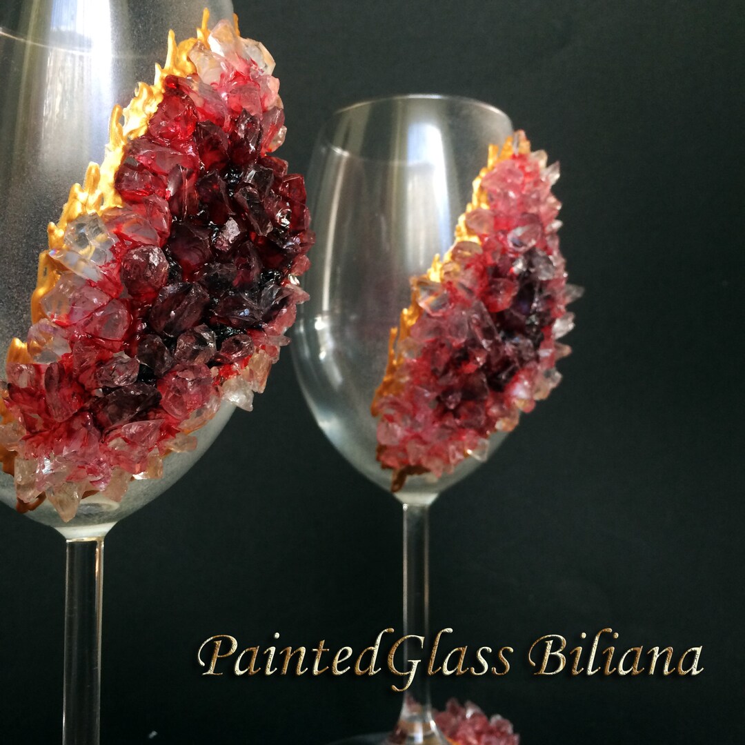 Free Shipping Burgundy Red Geode Wine Glasses Etsy