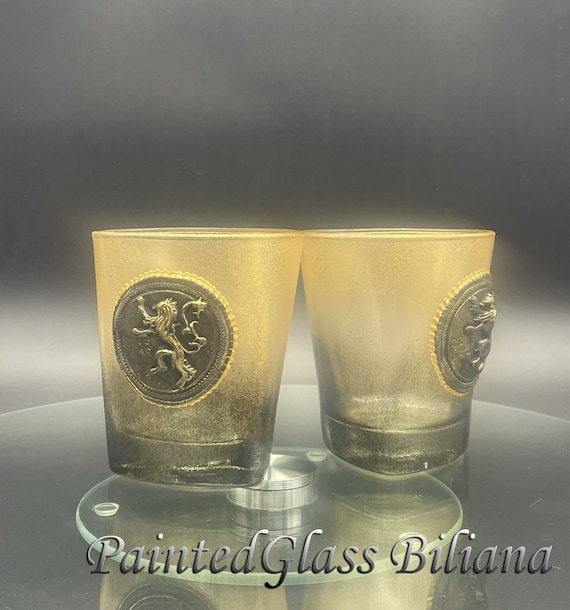 Game of thrones inspired Set handmade hand painted whiskey glasses House Lannister