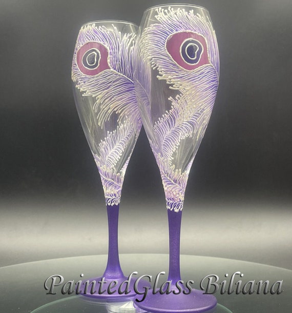 Peacock set of 2 hand painted wedding champagne flutes Purple peacock feathers toasting glasses