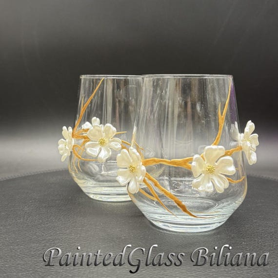 Cherry blossom set of 2 Hand Painted stemless wine toasting glasses