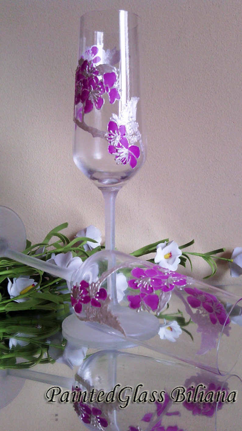 Cherry Blossom CRYSTAL SET of 2 wedding champagne flutes sakura tree