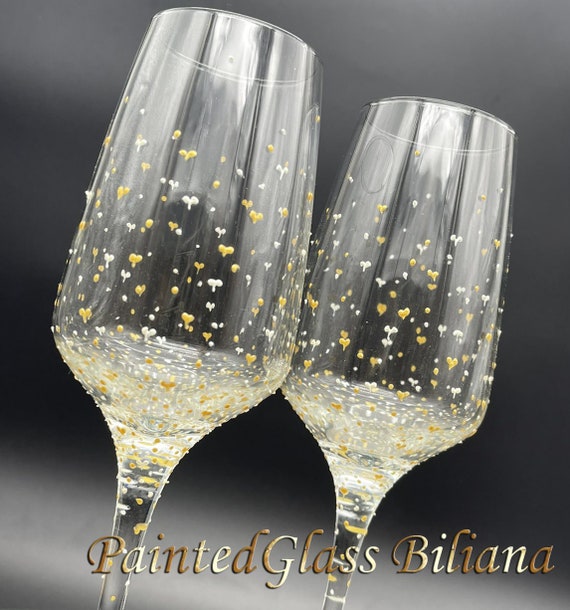 Wedding GlassesValentine's day Champagne Flutes Hand Painted Set of 2 in gold and pearly white