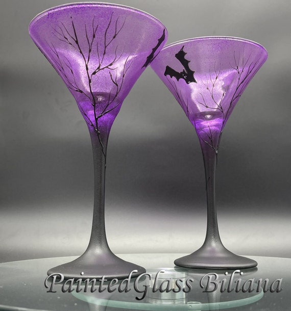 Set of 2 hand painted Halloween Bats martini glasses