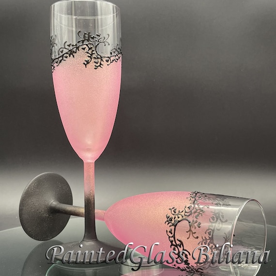 Set of 2 hand painted wedding flutes champagne glasses Classic Black and pink Gatsby style