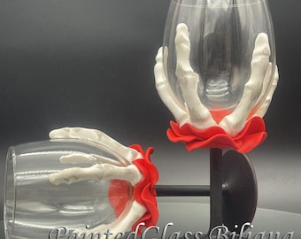 Set of 2 hand painted decorated Wine glasses Black and red Rose Skeleton Halloween wedding favor Cake serving set