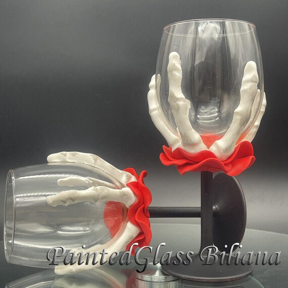 Set of 2 hand painted decorated Wine glasses Black and red Rose Skeleton Halloween wedding favor Cake serving set