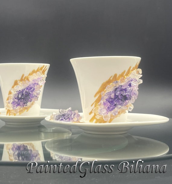 Free shipping purple amethyst color geode coffee cup and plate 2pcs