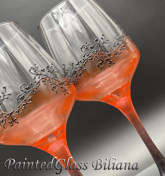 Set of 2 Hand Painted wine glasses  Classic Black and red