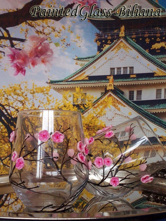 Sakura set of 2 Hand Painted stemless wine toasting glasses Cherry blossom  theme