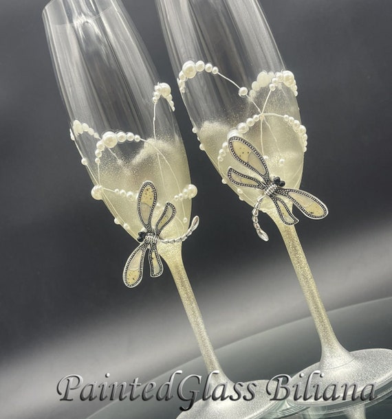 Dragonflies hand painted wedding champagne flutes, Set of 2