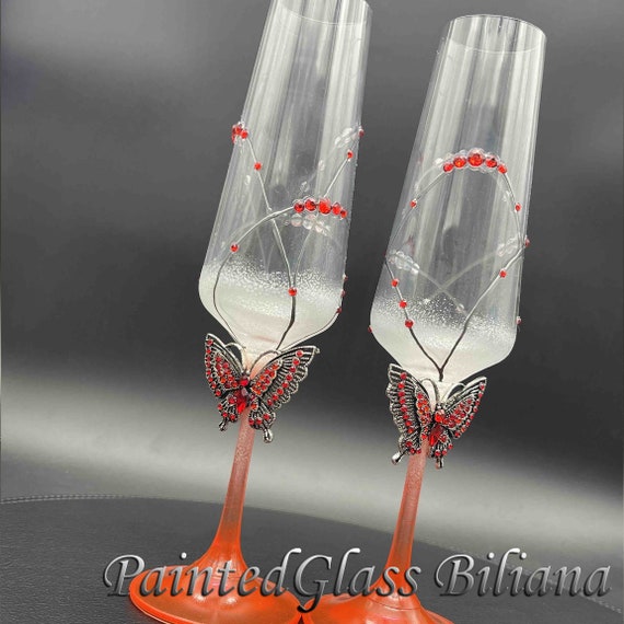 Red butterflies hand painted wedding champagne flutes, Set of 2