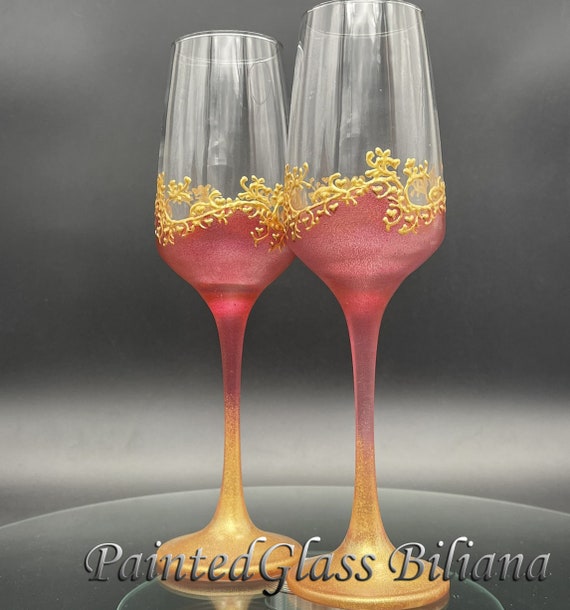 Set of 2 hand painted wedding flutes Classic burgundy red and gold Cake serving set server & knife Gatsby style