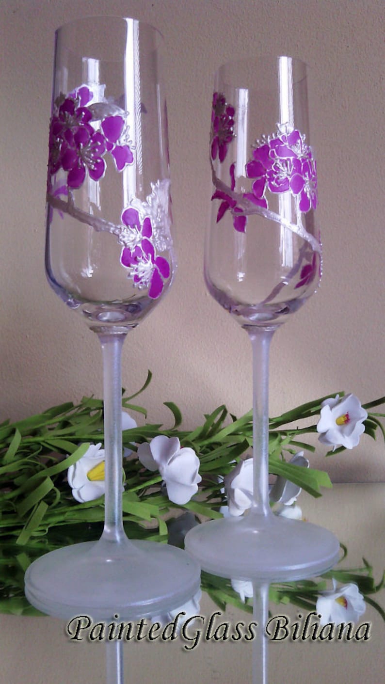 Cherry Blossom CRYSTAL SET of 2 wedding champagne flutes sakura tree