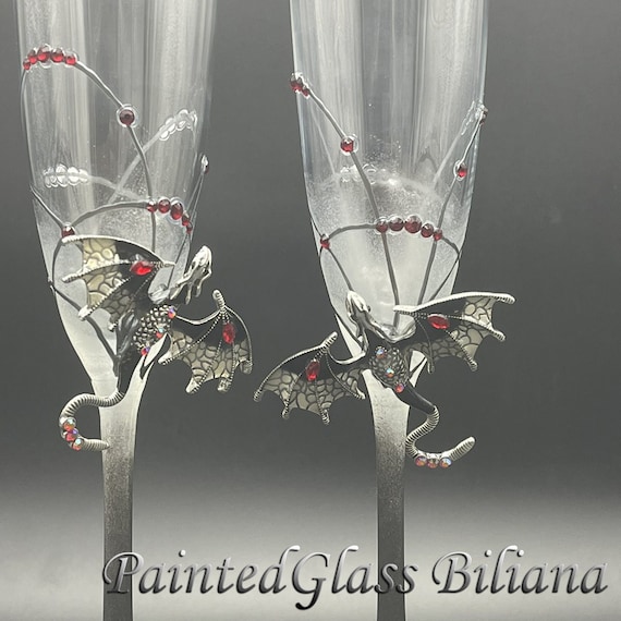 Black dragon wedding champagne flutes hand painted wedding champagne flutes, Set of 2
