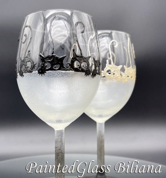 Wine Glasses Champagne Flutes Set of 2 Cats in Black and White