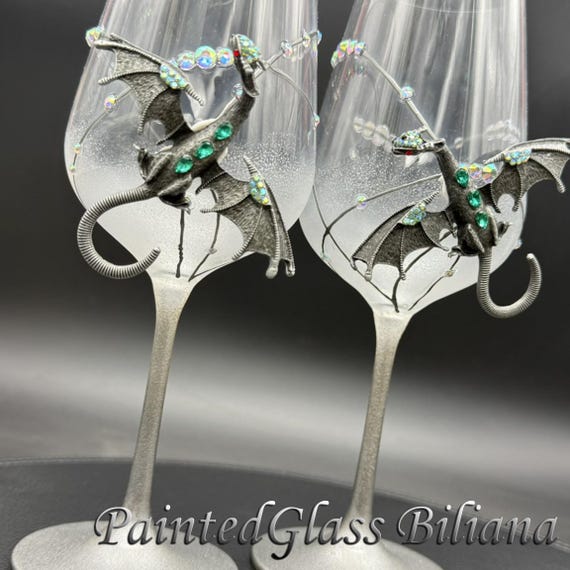 Silver dragon toasting wine glasses, Set of 2