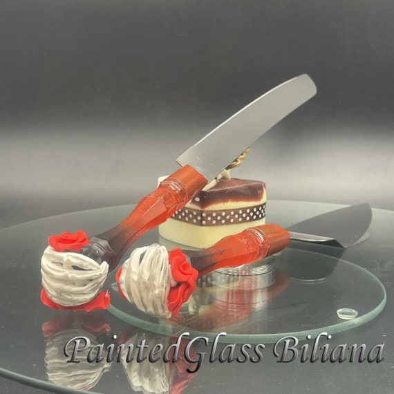 Halloween wedding cake server and knife, skeleton hand red black cake serving set, 2 pcs