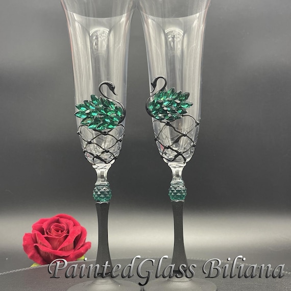 Green swan wedding champagne flutes