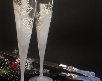 Set of Cake serving set and 2 Winter Wedding toasting hand painted champagne flutes White snowflakes