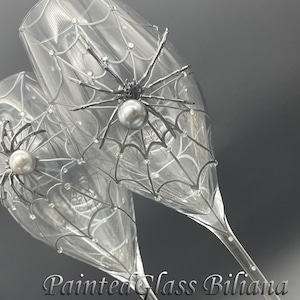 Dark silver spider wedding champagne flutes, Halloween wedding theme