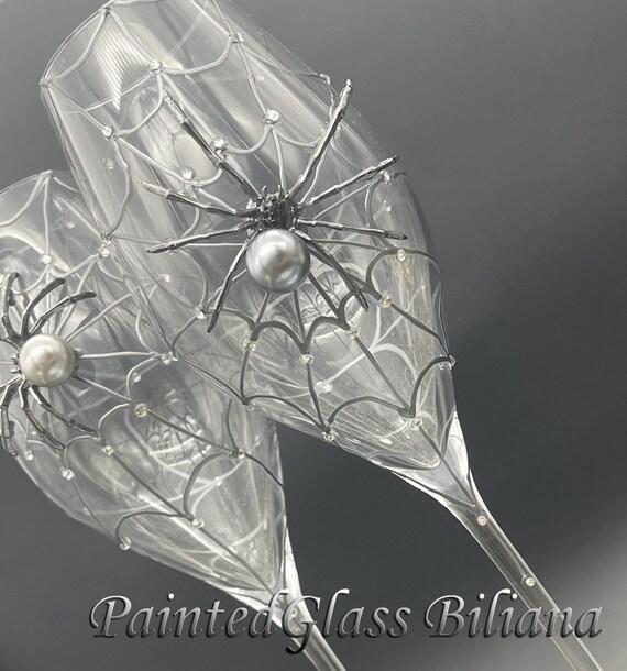 Dark silver spider wedding champagne flutes, Halloween wedding theme