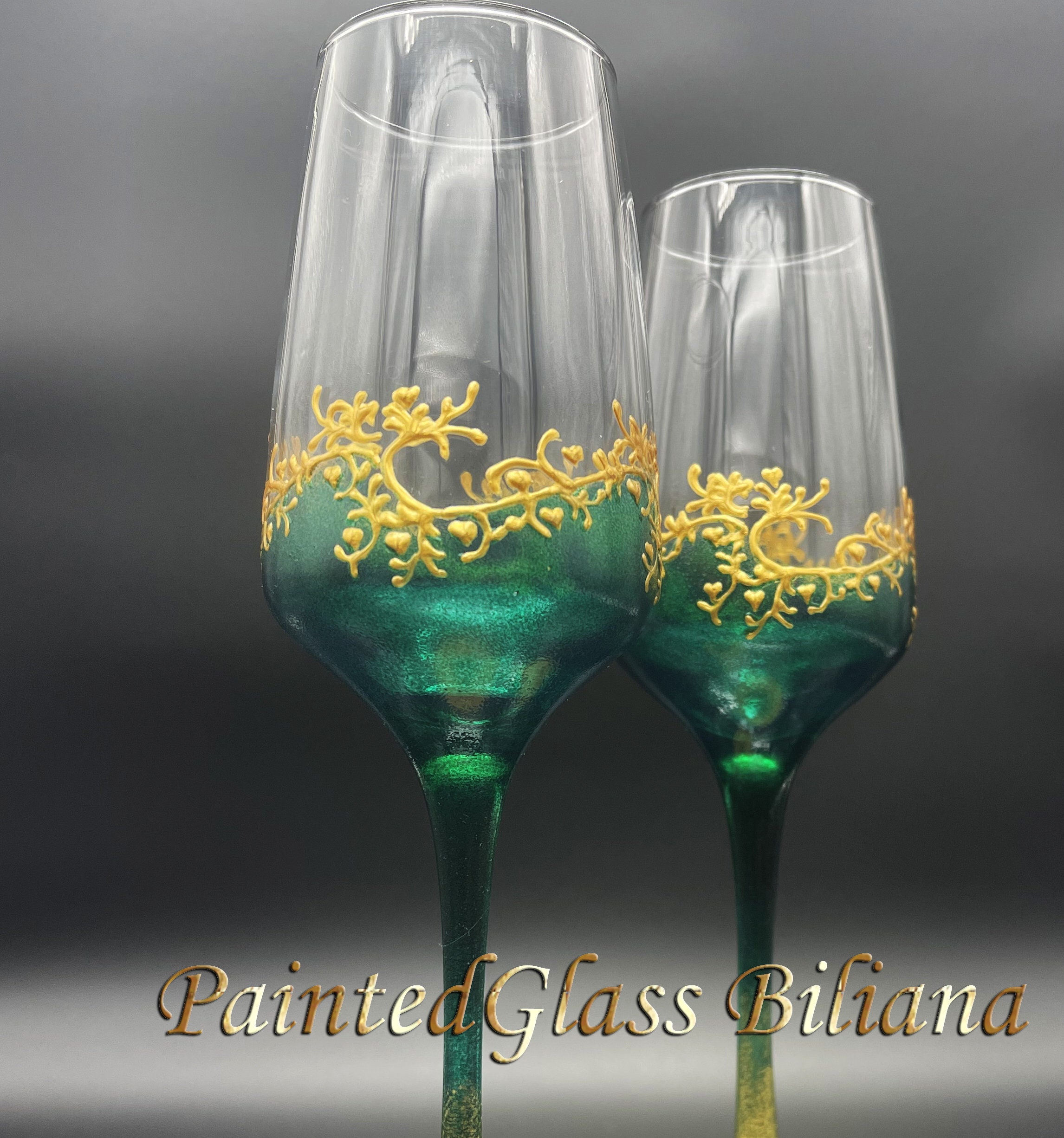 Emerald Green and Gold Hand Painted Champagne Glasses, Wine Glasses, Set of  2 