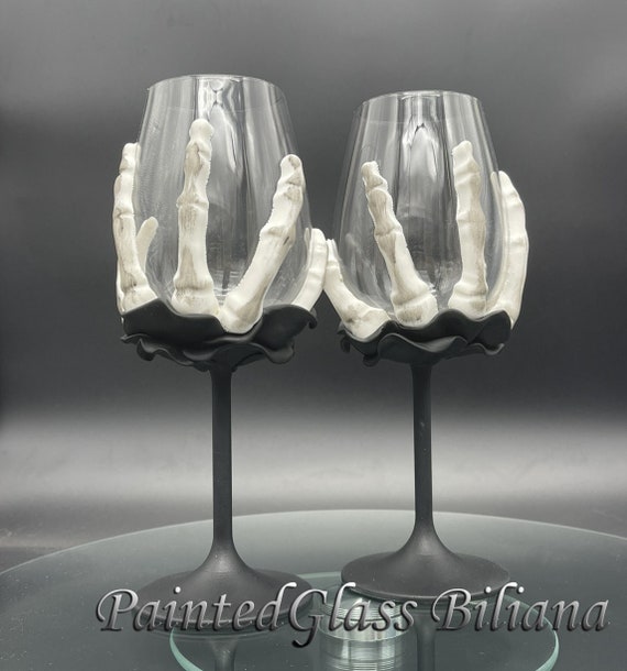 Set of 2 hand painted decorated wine glasses Black Rose Skeleton hand Halloween wedding favor