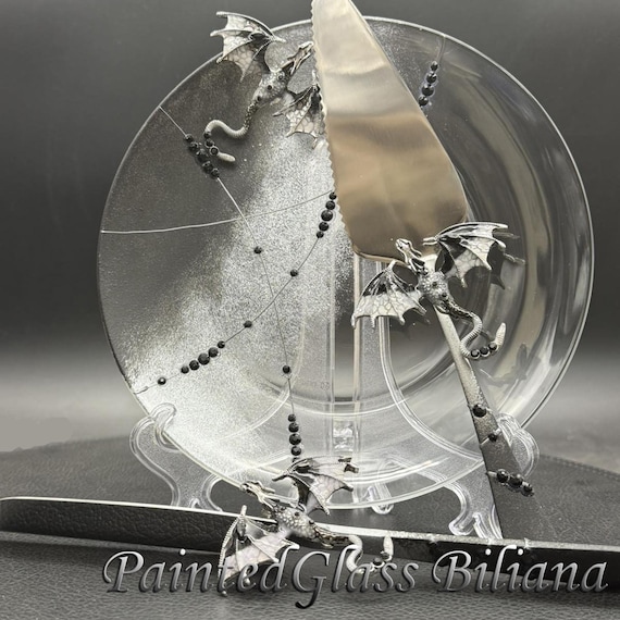 Hand Painted Black Dragon Cake Serving Set with Crystals