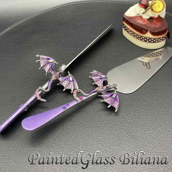 Purple dragon cake serving set, dragon cake server and knife