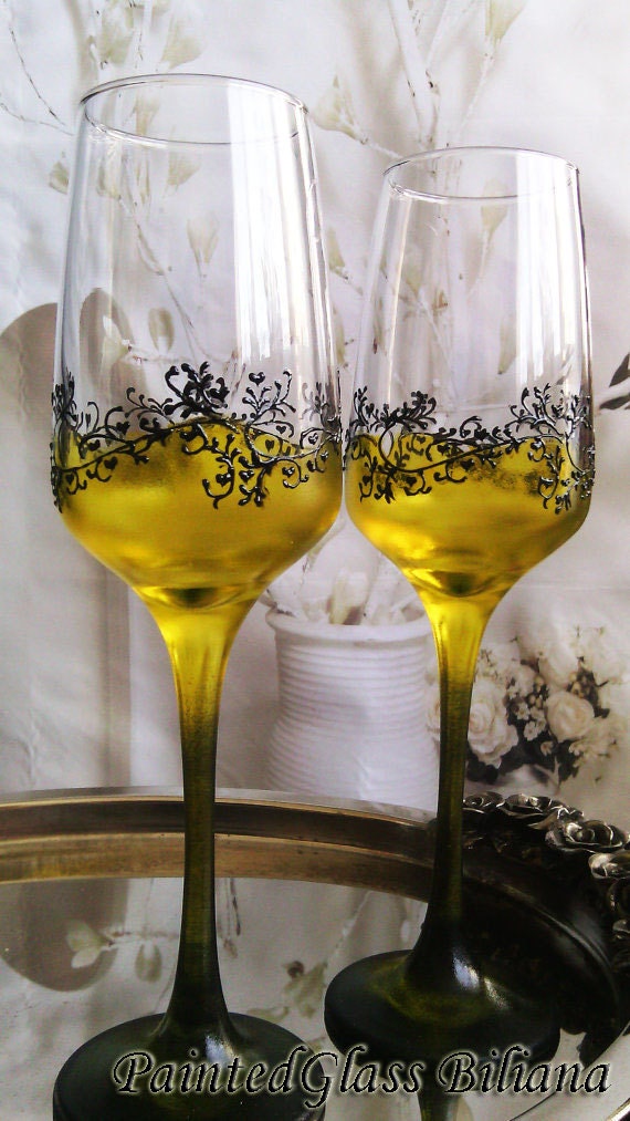 Set of 2 hand painted wedding flutes champagne glasses Classic Black and yellow Gatsby style