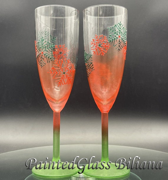 Red and green Wedding Toasting Glasses Winter Champagne Flutes Hand Painted Set of 2 red and green Snowflakes wedding theme