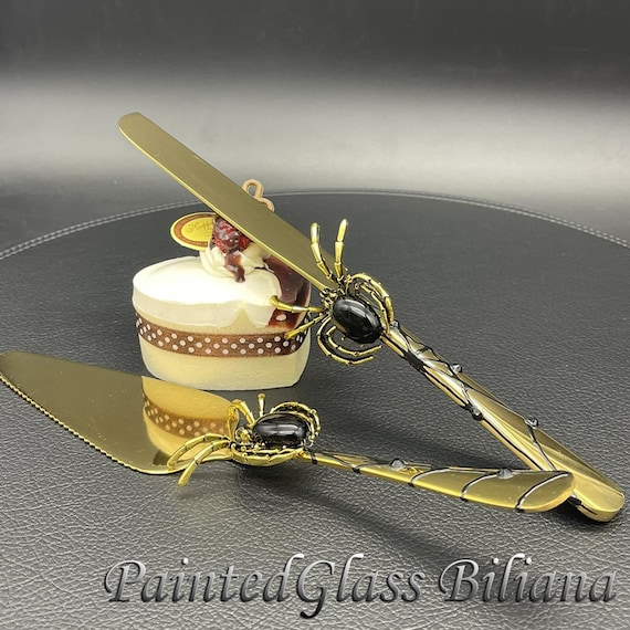 Black Gold Spider cake serving set, halloween wedding theme