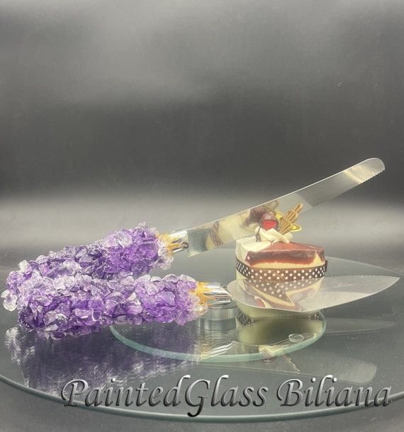 Amethyst purple geode cake serving set
