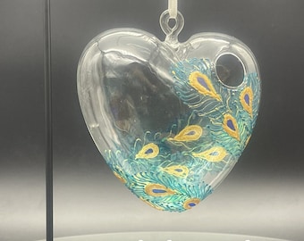 Hand painted hanging heart  vase Peacock feathers