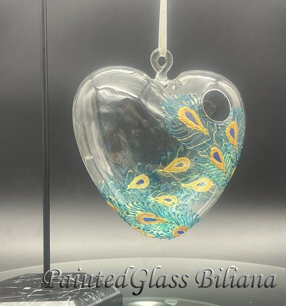 Hand painted hanging heart  vase Peacock feathers