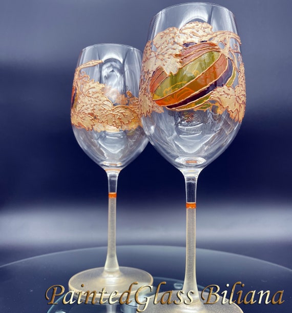 Autumn CRYSTAL SET of 2 pumpkin wine toasting glasses in gold, yellow and brown