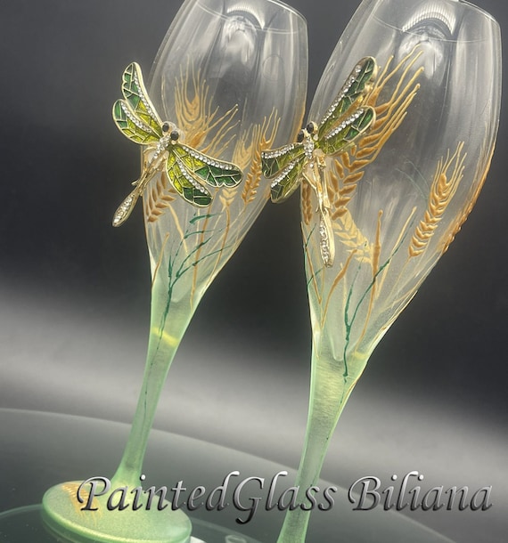 Green dragonflies hand painted wedding champagne flutes, Set of 2