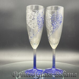Set of 2 hand painted Valentine heart champagne flutes Love