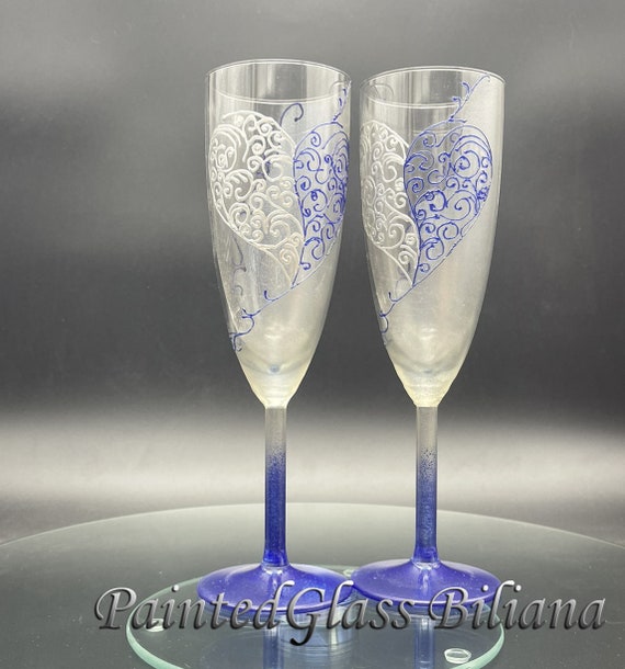 Set of 2 hand painted Valentine heart champagne flutes Love