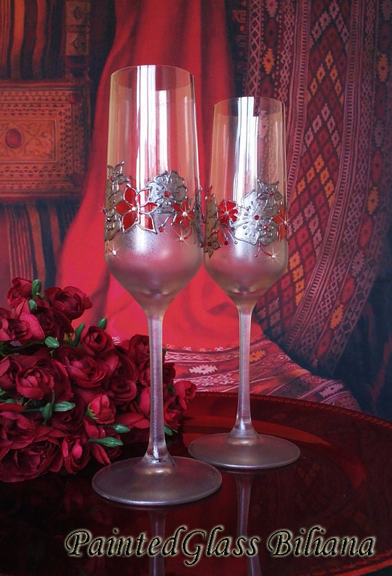 CRYSTAL SET of 2 red and silver Flower wedding champagne flutes with Swarovski crystals